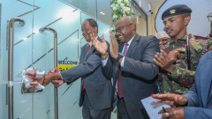 Yusuf Hassan and Tirus Mwithiga officially opening the new NCBA branch in Eastleigh. PHOTO/COURTESY
